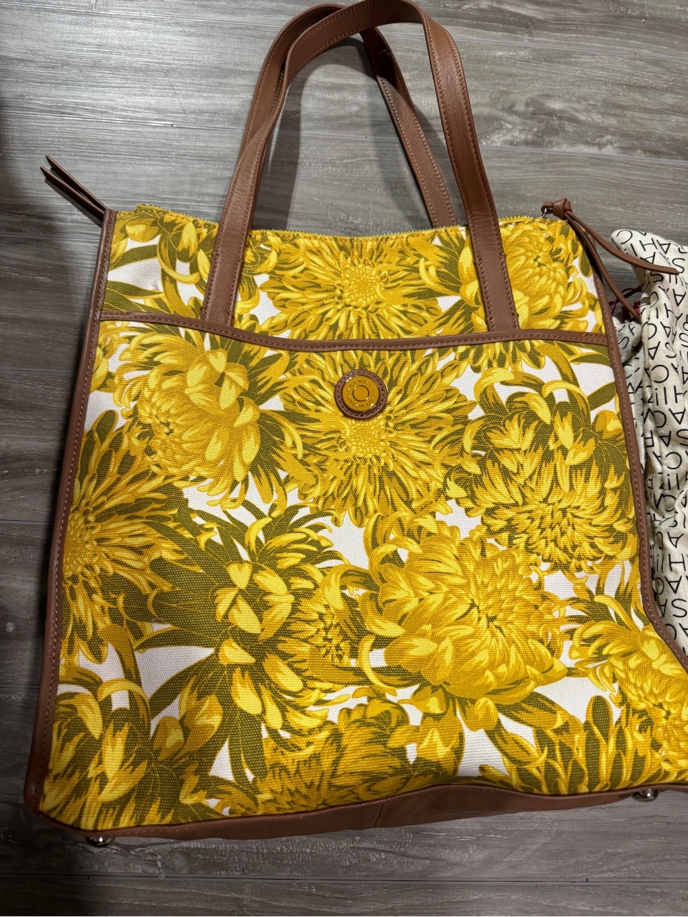 Isaac Mizrahi Yellow Floral Canvas Tote with Brown Trim